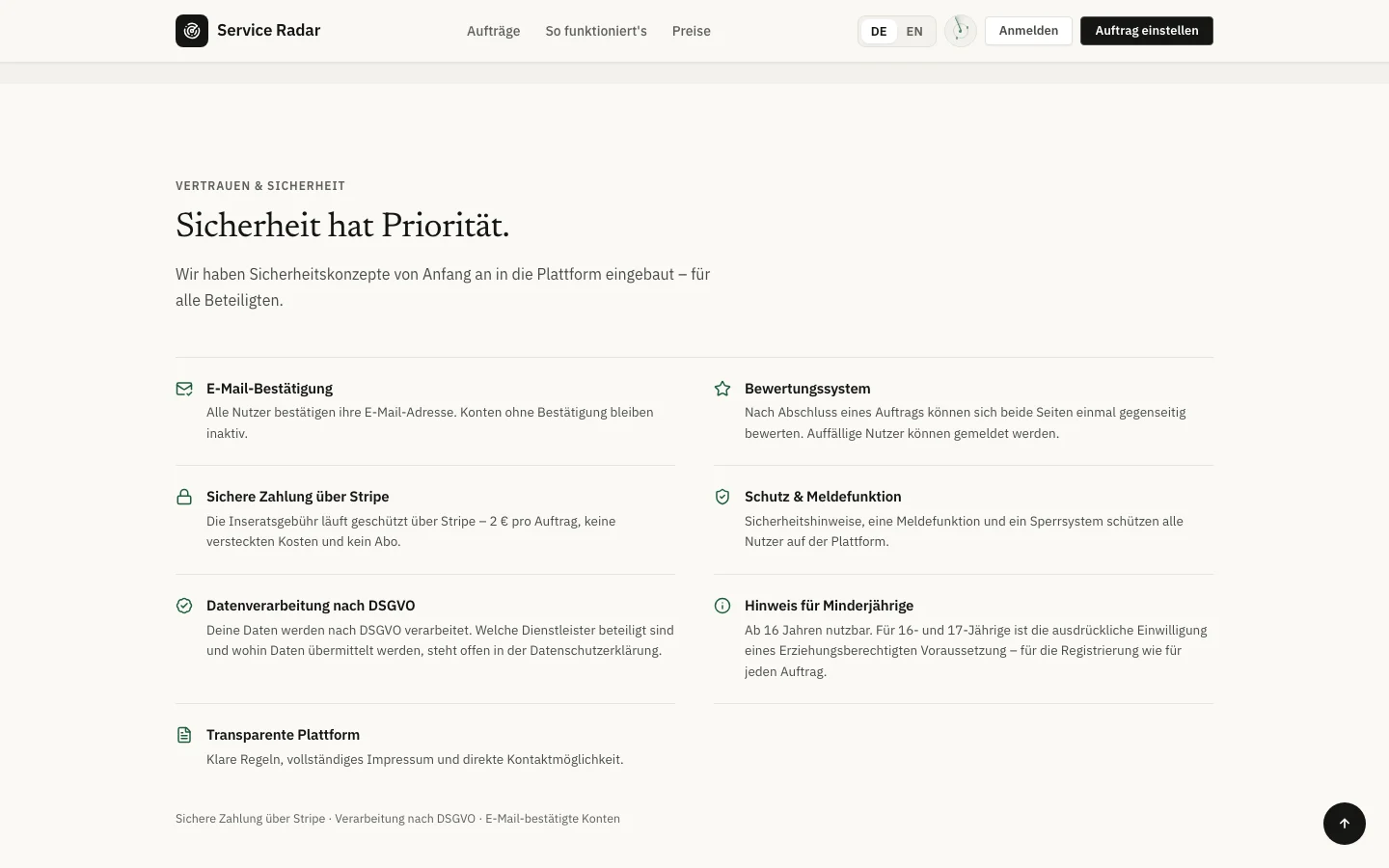 Abschnitt „Sicherheit hat Priorität“ mit sieben Punkten, darunter E-Mail-Bestätigung, Bewertungssystem, Zahlung über Stripe und DSGVO.