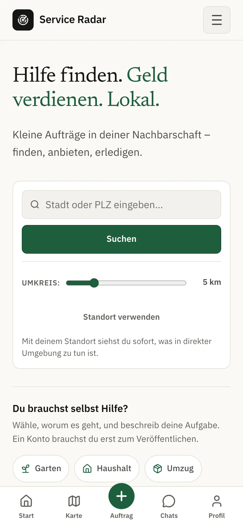 Mobile Startseite mit Überschrift, Ortssuche und einer festen Navigationsleiste unten mit Start, Karte, Auftrag, Chats und Profil.